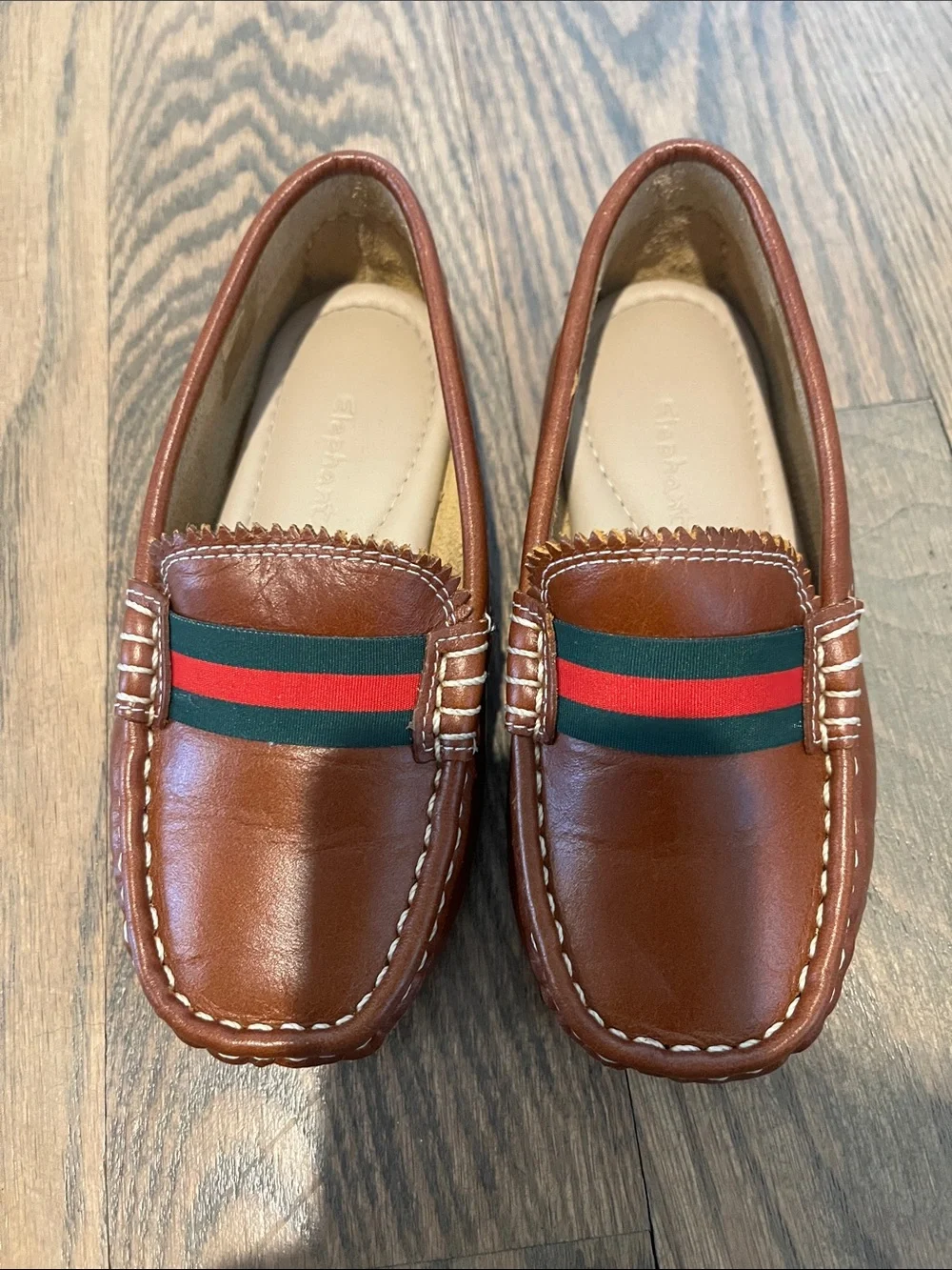 Brown Leather Kids Loafers with Green & Red Stripe